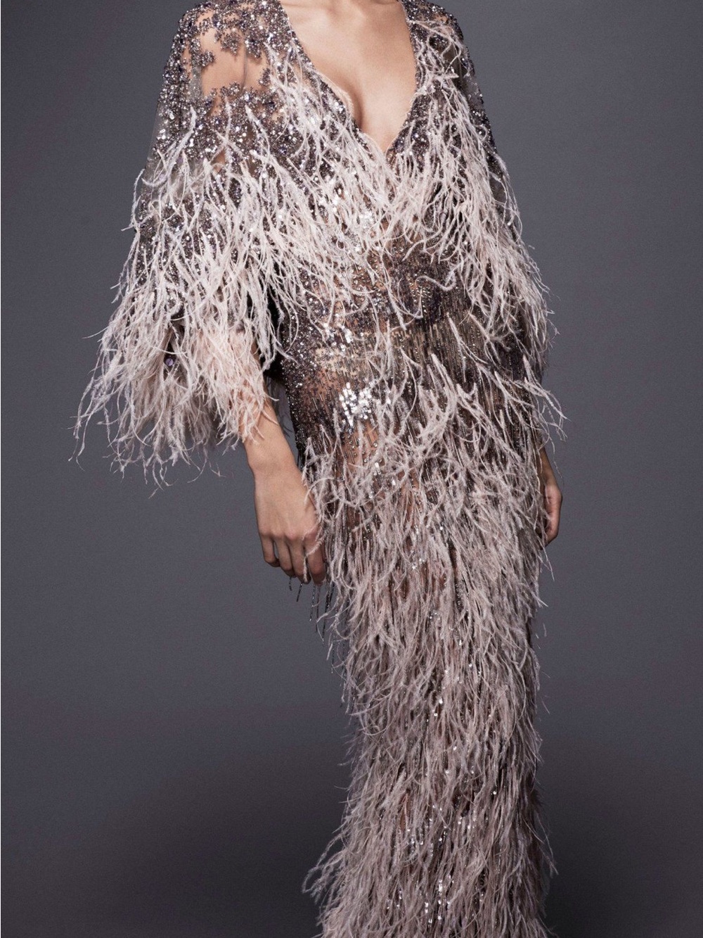 Crystal Caped Ostrich Feather Sequined Gown by Pamella Roland gunmetal